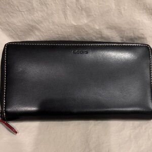 Lodis Black Leather Zip-Around Continental Wallet with Red Pull